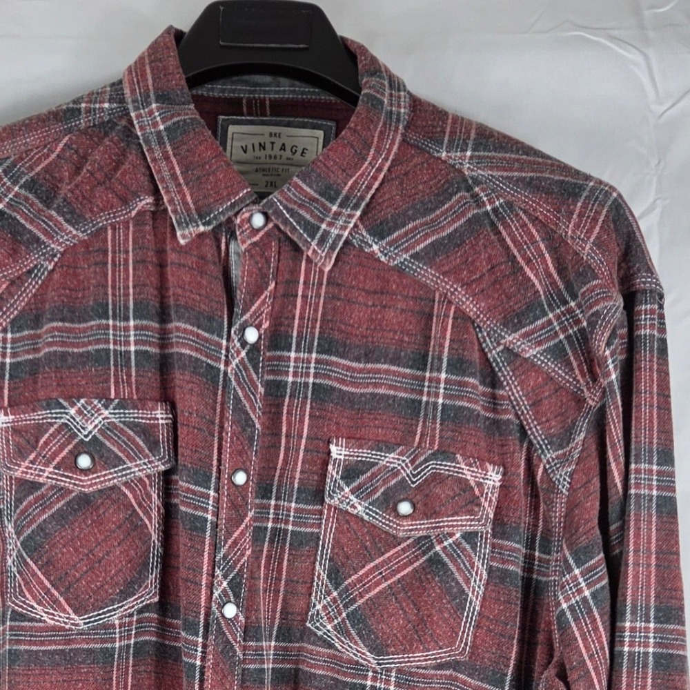 BKE Vintage Mens 2XL Red Gray Plaid Pearl Snap Western Flannel Shirt